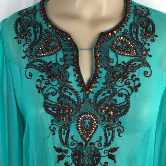 Cache 100% Silk Blue & Brown Sheer Embellished Embroidered Peasant Top S - Picture 7 of 8